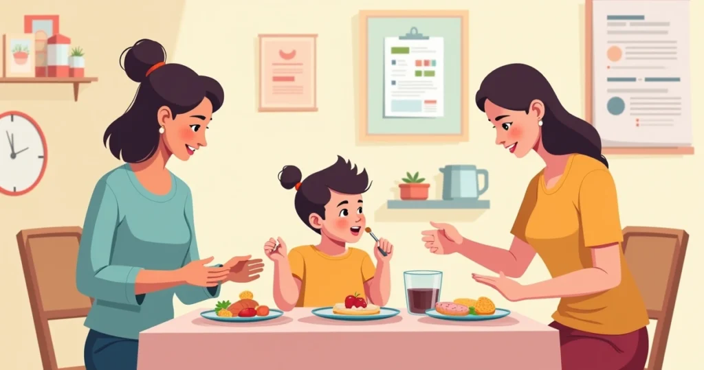 Criança sentada à mesa experimentando diferentes alimentos coloridos, com terapeuta e mãe ao lado facilitando a alimentação seletiva