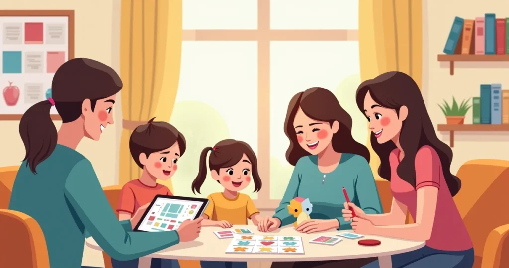 Família usando terapia ABA em casa com terapeutas e crianças interagindo felizes