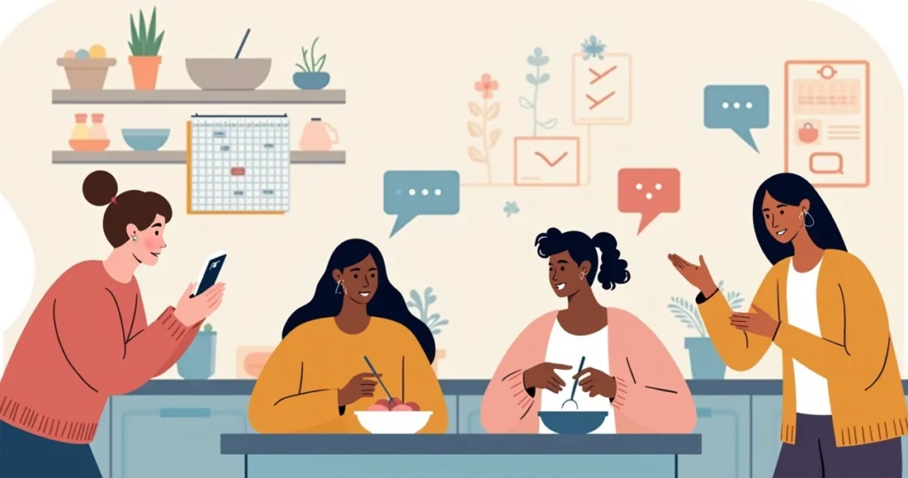 Ilustração corporativa plana de jovens adultos autistas praticando habilidades diárias como cozinhar, usar calendário, comunicação e organização