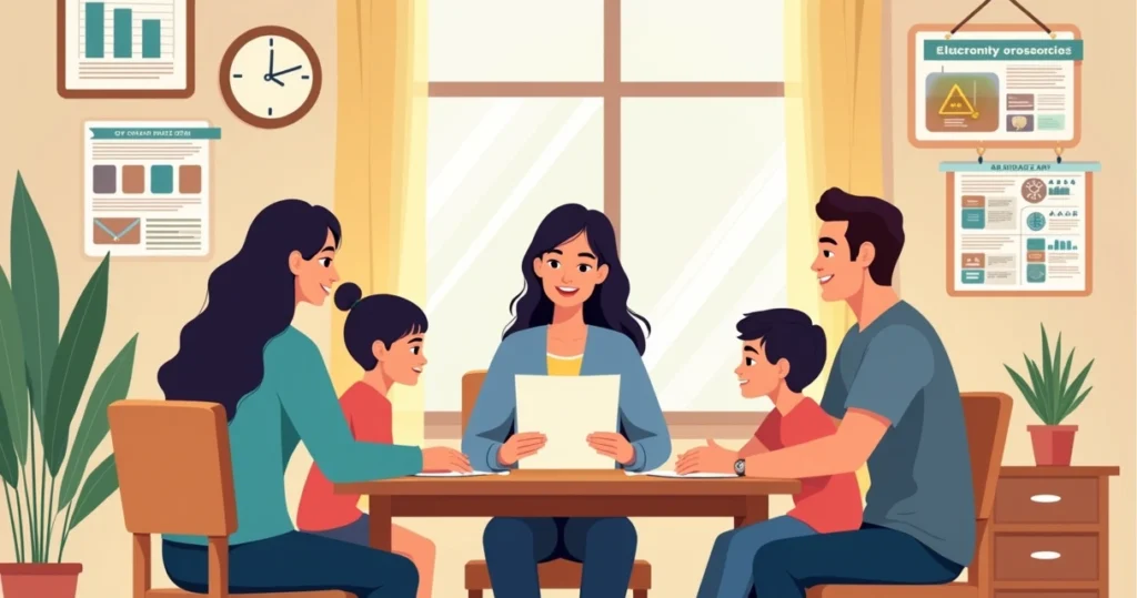 Ilustração de profissional explicando protocolos ABA para uma família e terapeuta em ambiente claro e acolhedor