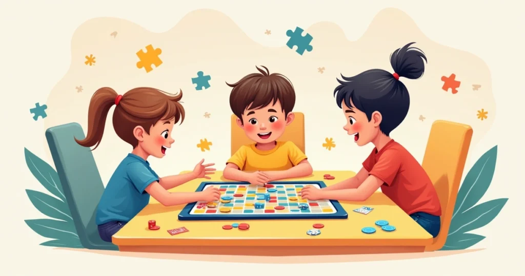 Crianças sentadas em uma mesa colorida jogando jogos de tabuleiro com peças diversas