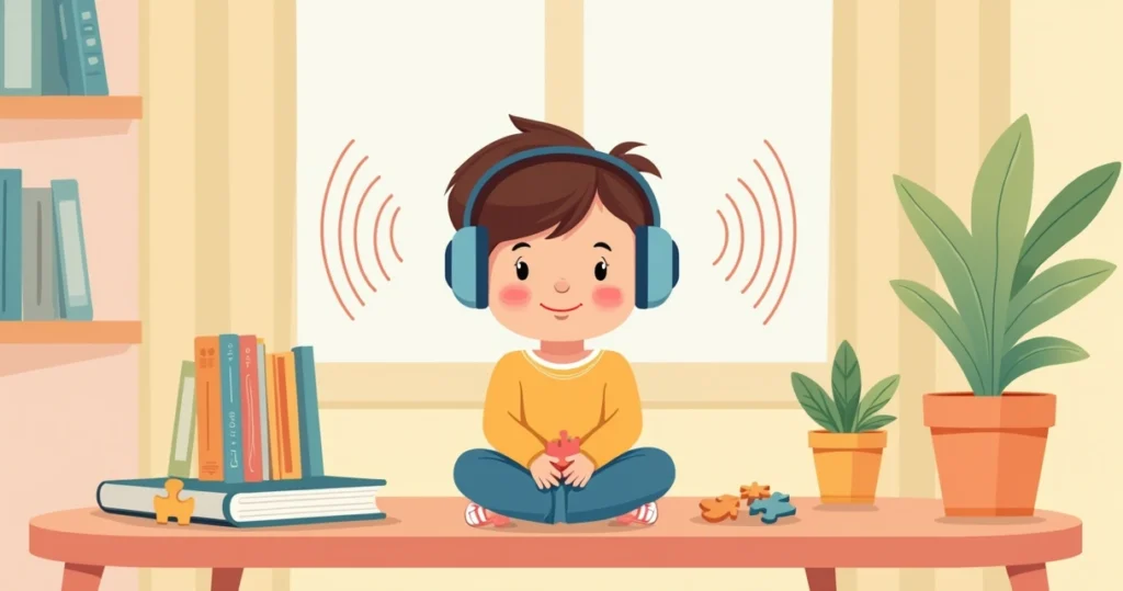 Criança sentada usando fones anti-ruído em ambiente silencioso e colorido