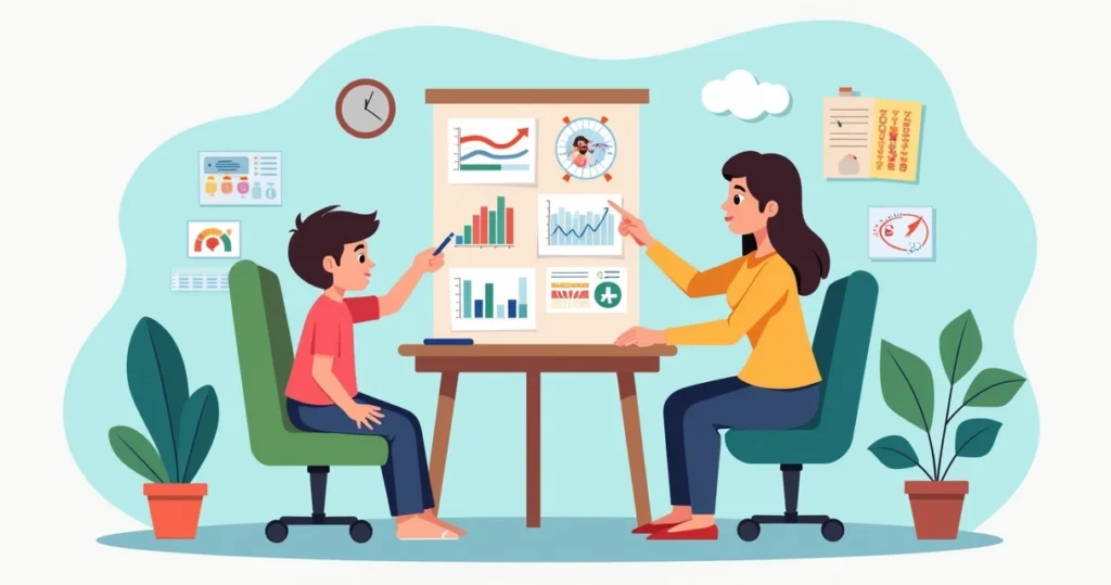 Ilustração corporativa de criança com terapeuta durante sessão de terapia ABA com gráficos e materiais visuais ao fundo