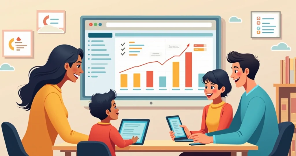 Ilustração corporativa mostrando terapeuta, criança autista e família interagindo com gráficos e ícones de progresso