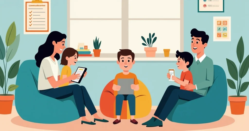 Terapeuta e família conversando com adolescente em ambiente terapêutico com elementos de apoio visual