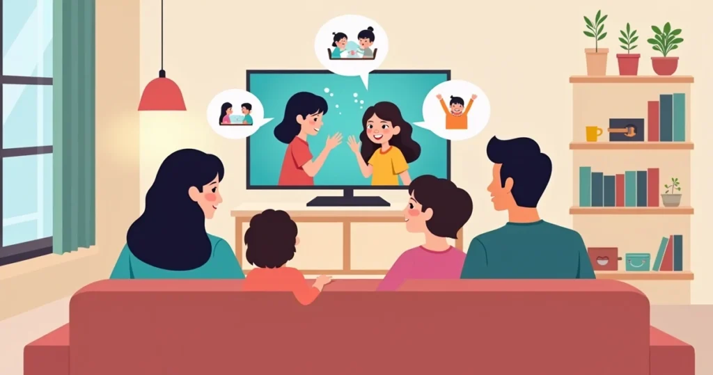 Terapeuta e pais assistindo série em casa para promover habilidades sociais no autismo