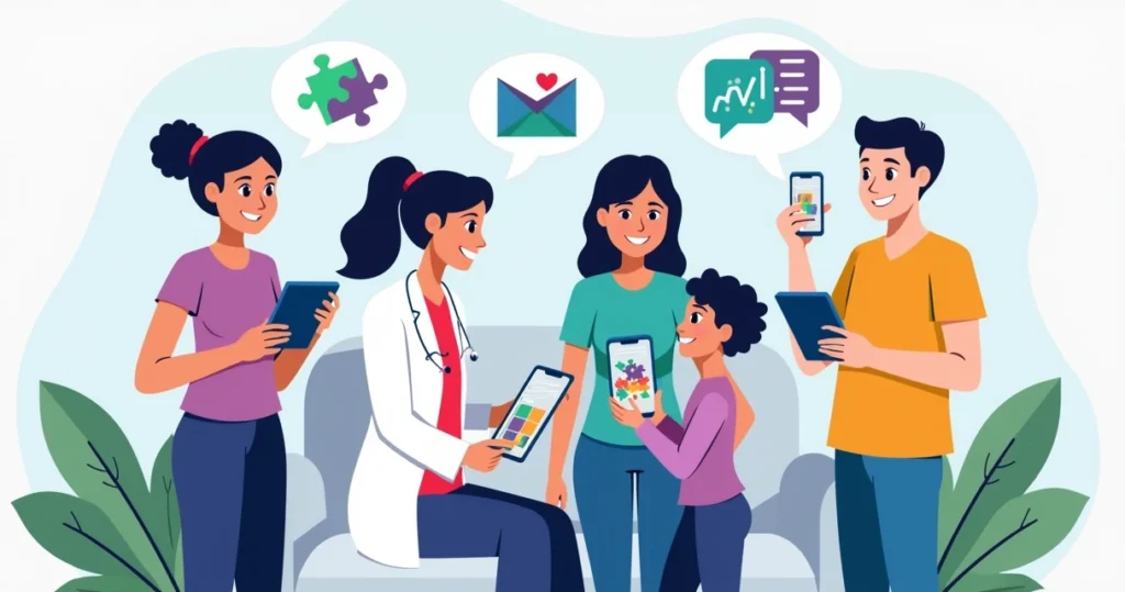 Ilustração corporativa de profissionais e família usando aplicativos para apoiar o desenvolvimento de pessoas autistas, com elementos digitais e cores suaves