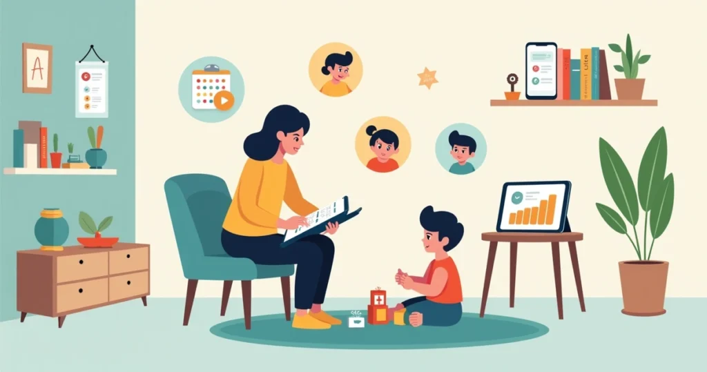 Terapeuta anotando comportamentos de uma criança em ambiente lúdico