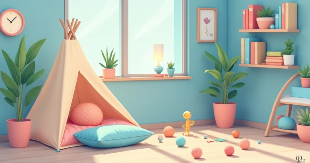 Ilustração corporativa de cantinho sensorial seguro com elementos coloridos e acolhedores