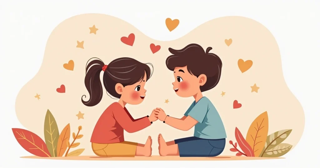 Crianças sentadas juntas brincando, com gestos de apoio e carinho, em fundo claro e colorido