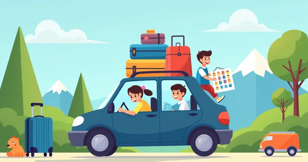 Família adaptando rotina em viagem de férias com criança autista, em estilo ilustração corporativa