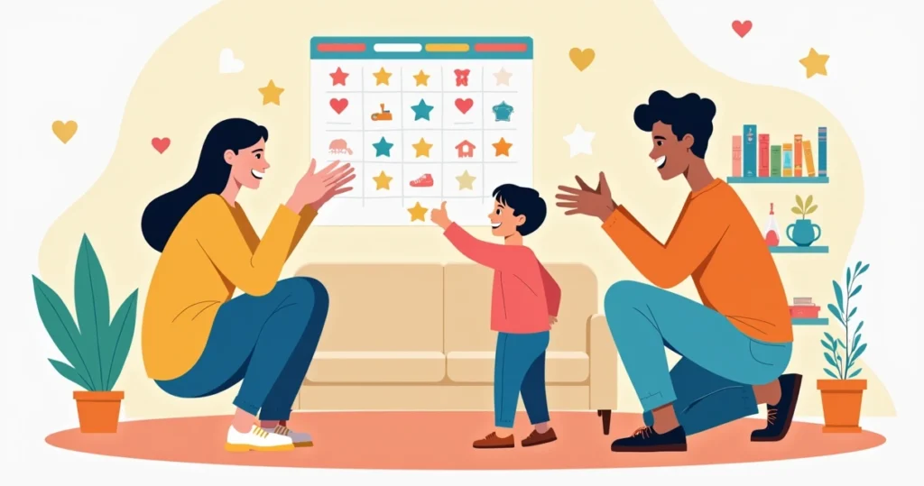 Pais elogiando criança em casa com quadro de recompensas colorido