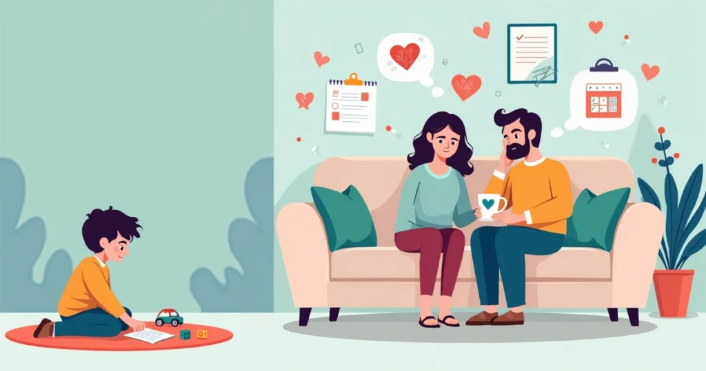 Pais cansados sentados no sofá enquanto criança autista brinca no tapete