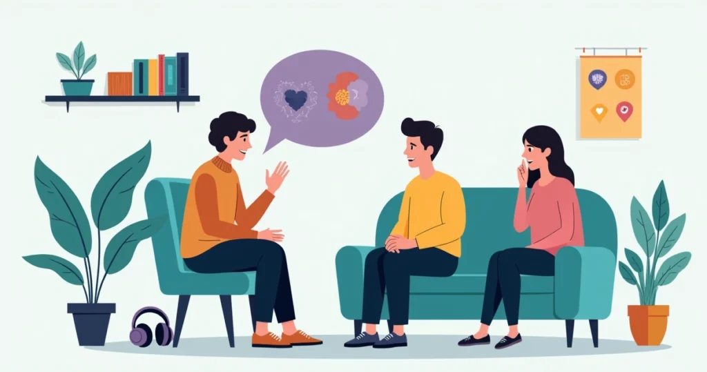 Ilustração de adolescentes autistas conversando com adulto sobre sexualidade em ambiente acolhedor