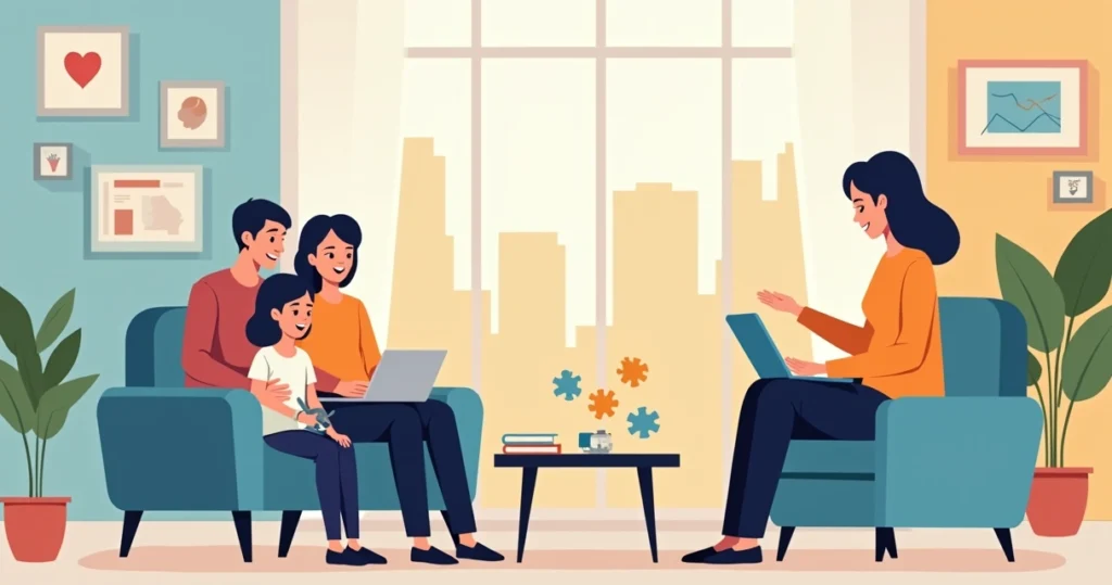 Família conversando com terapeuta em consultório acolhedor