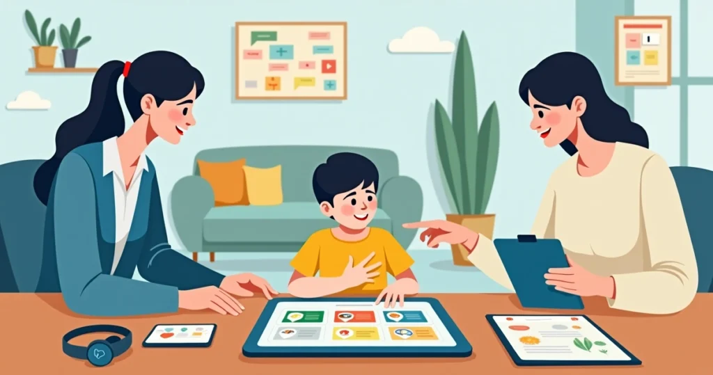 Criança autista usando tablet com aplicativos de rotina ao lado de mãe e terapeuta