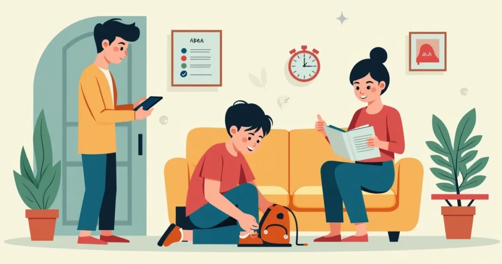 Criança autista realizando tarefa com apoio discreto da família