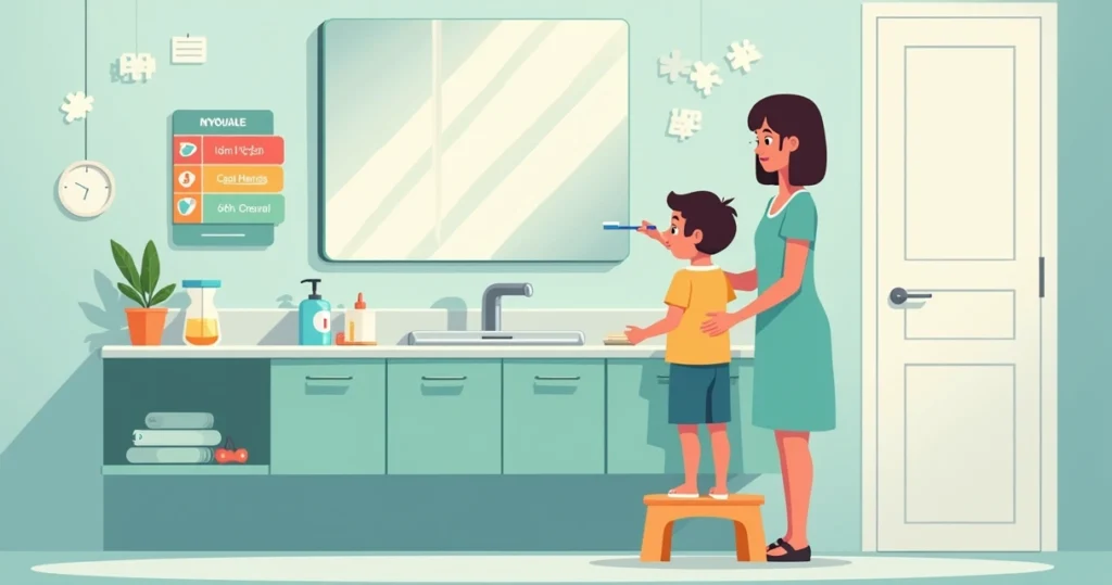 Criança autista escovando os dentes com apoio visual no banheiro