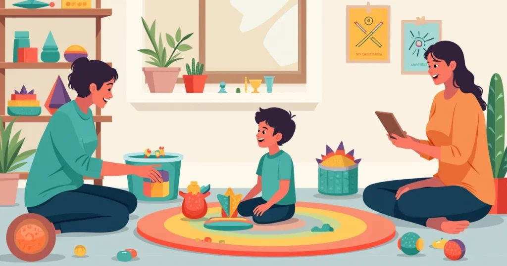 Criança autista brincando com vários brinquedos sensoriais coloridos em tapete de atividades