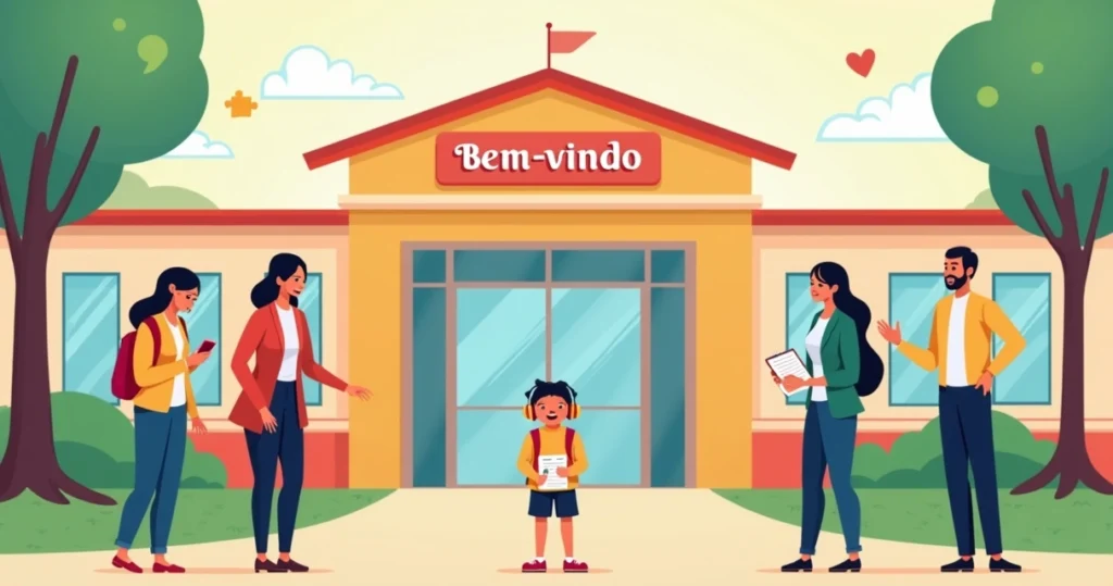 Criança autista chegando em nova escola acompanhada pelos pais e professora