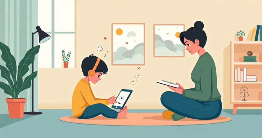 Criança autista relaxando com fones de ouvido ao lado de cuidador em ambiente calmo