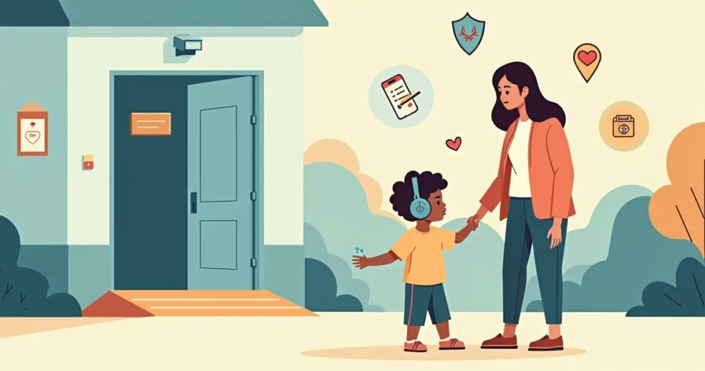 Criança com TEA segurando a mão de um adulto em frente à escola, com ícones de segurança ao redor