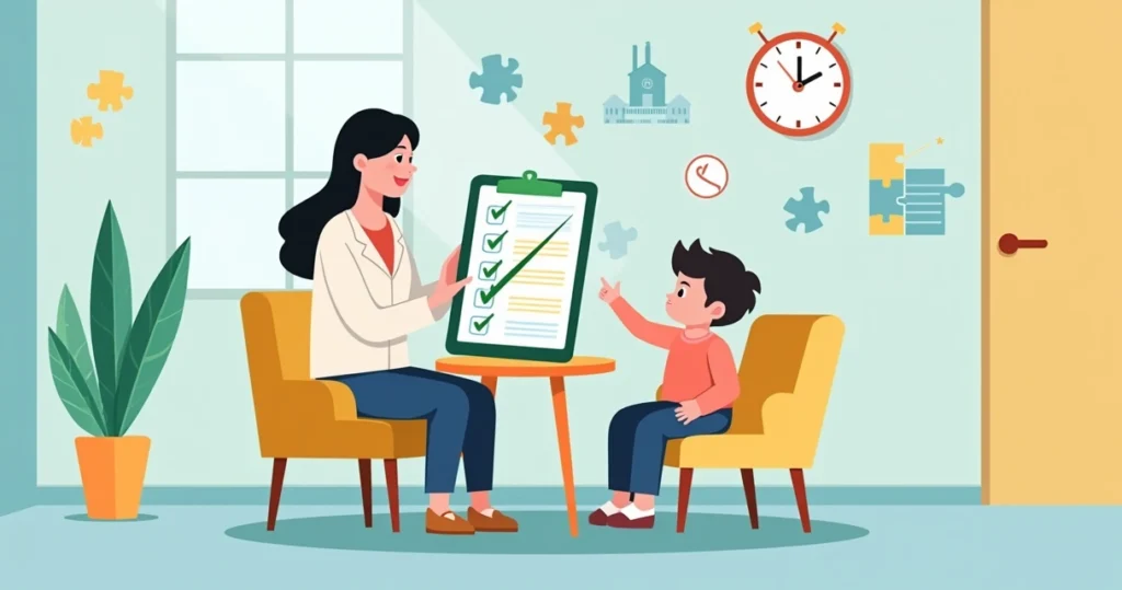 Criança autista com terapeuta marcando checklist colorido em tablet