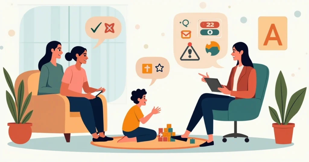 Família e terapeuta conversando sobre terapia ABA de forma colaborativa
