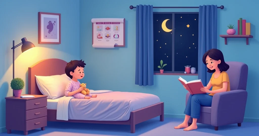 Criança autista em quarto calmo seguindo rotina noturna com responsável ao lado