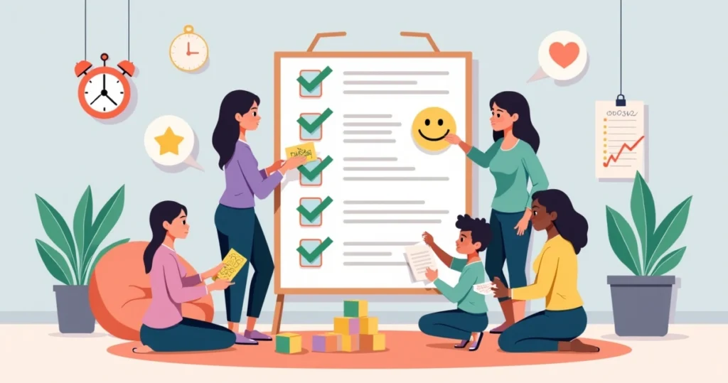 Cuidadores ao redor de checklist gigante sobre terapia infantil