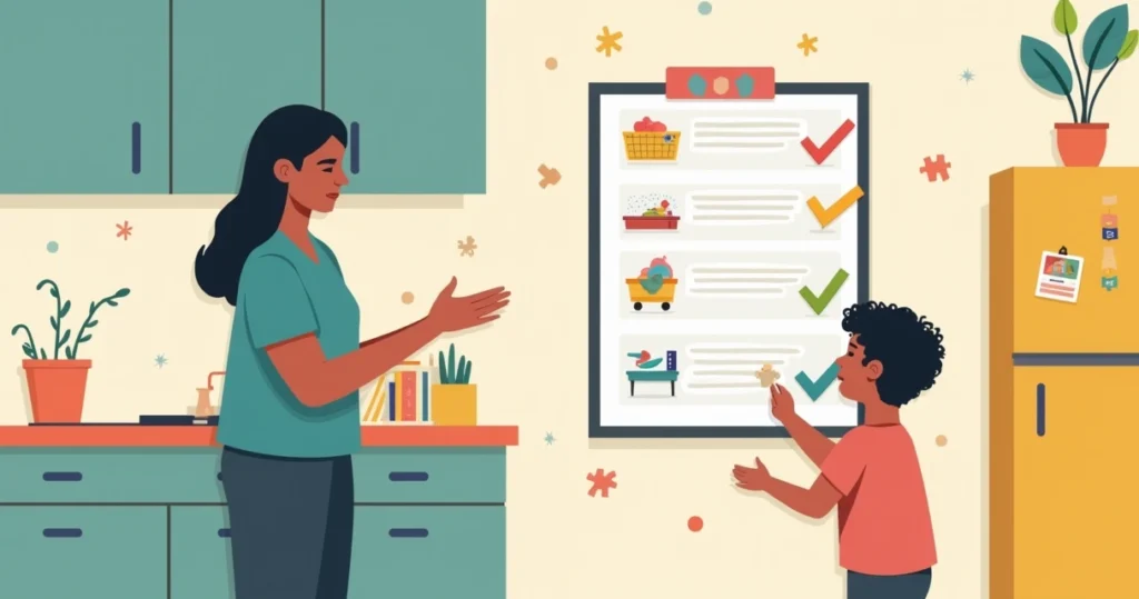 Checklist visual colorido na parede da cozinha mostrando etapas simples de tarefas em casa