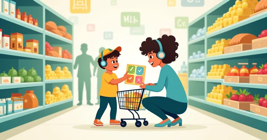 Criança autista com adulto usando roteiro visual colorido no supermercado