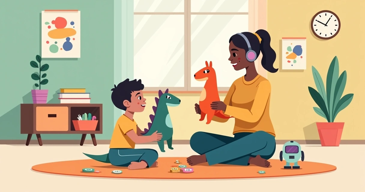 Terapeuta usando fantoches coloridos em roda de terapia com criança autista