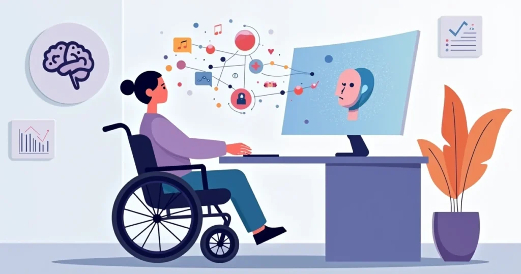 Ilustração de pessoa neurodivergente conectada a interface de inteligência artificial em mapa mental colorido