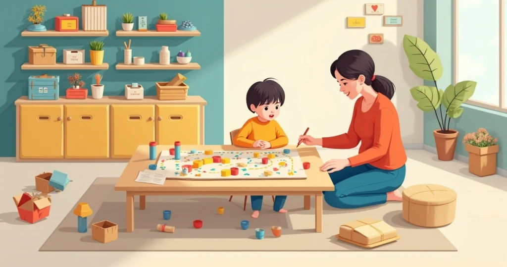 Criança montando jogo educativo aba com materiais recicláveis em mesa colorida