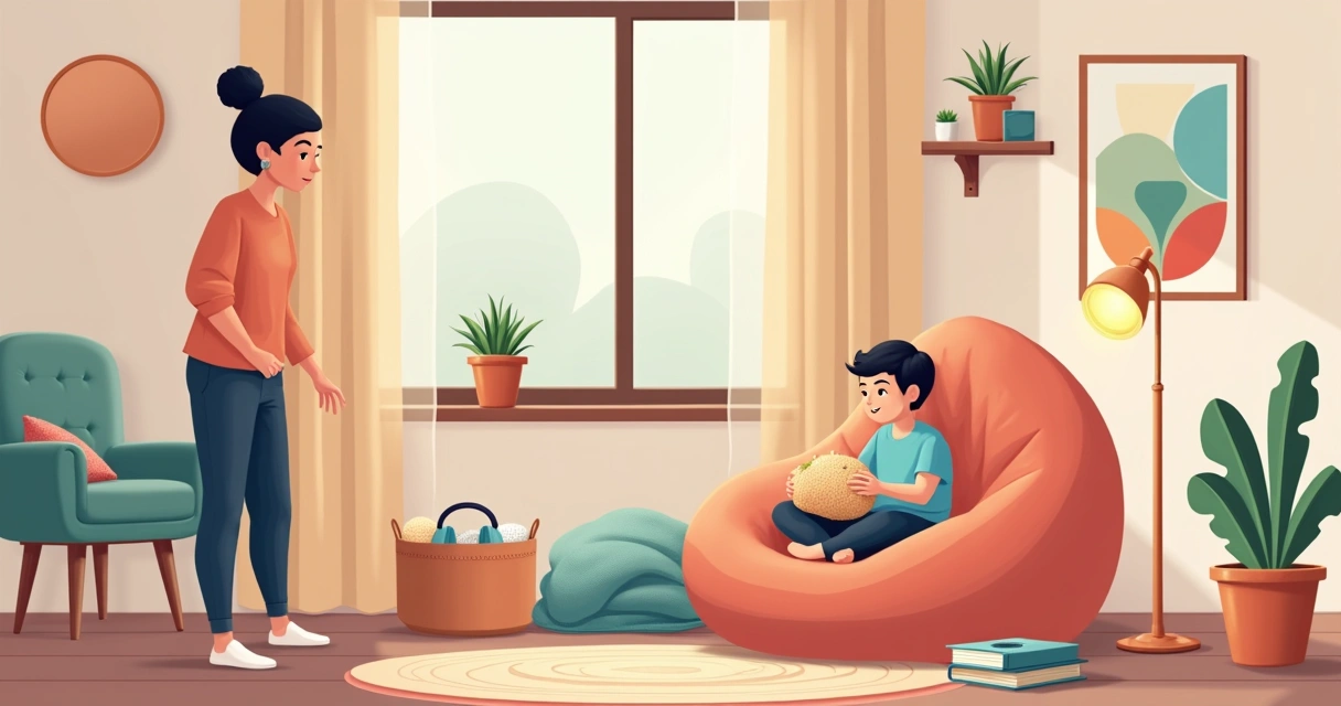 Criança autista relaxando em quarto sensorial adaptado com luz suave e texturas variadas