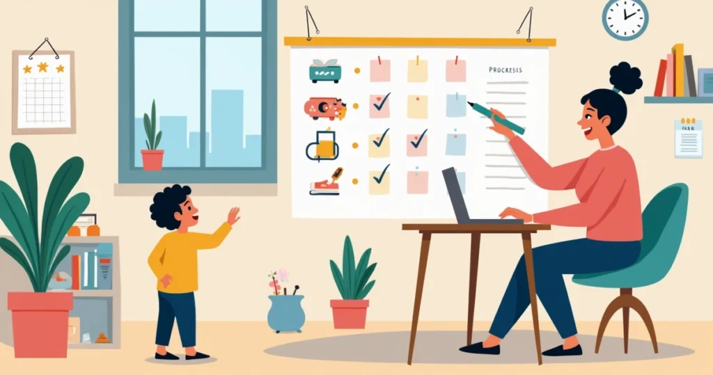 Cuidador marcando pequenos avanços de criança autista em quadro colorido na sala