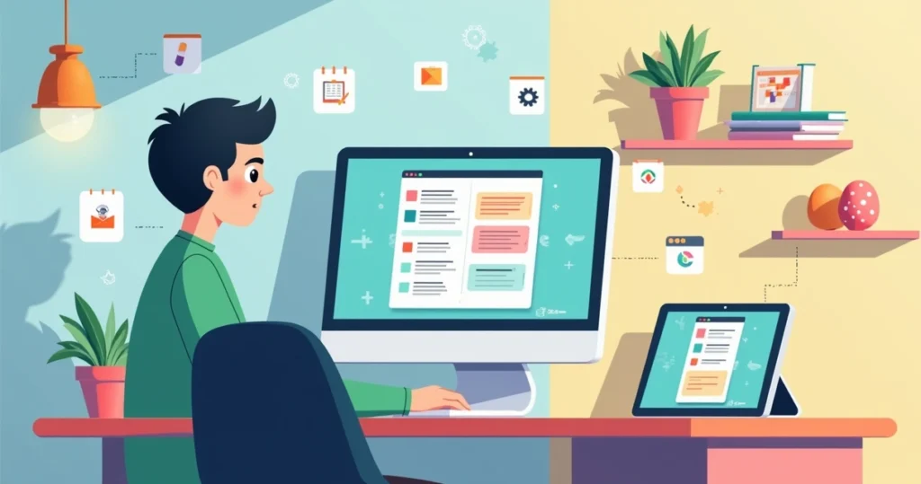 Ilustração de jovem autista usando apps de lembretes no computador e no celular