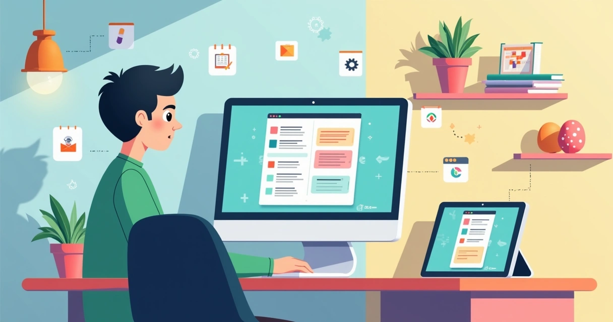 Ilustração de jovem autista usando apps de lembretes no computador e no celular