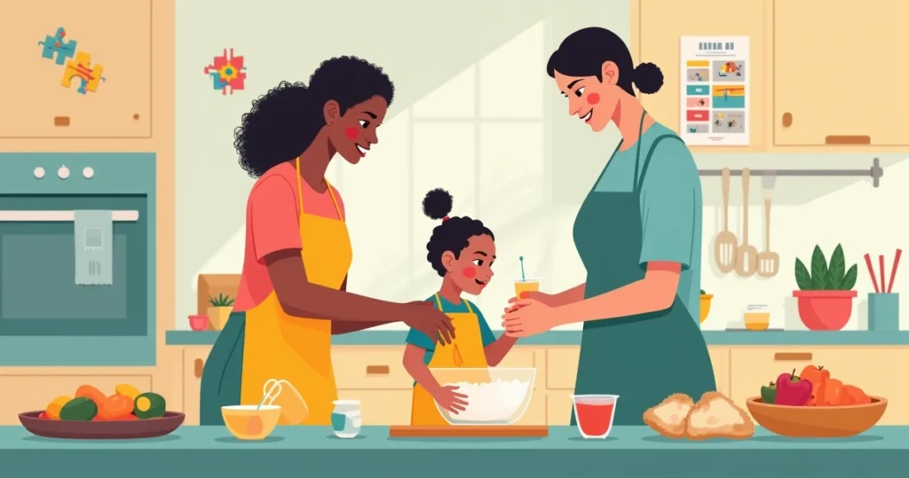 Criança autista cozinhando com adulto em cozinha colorida e organizada
