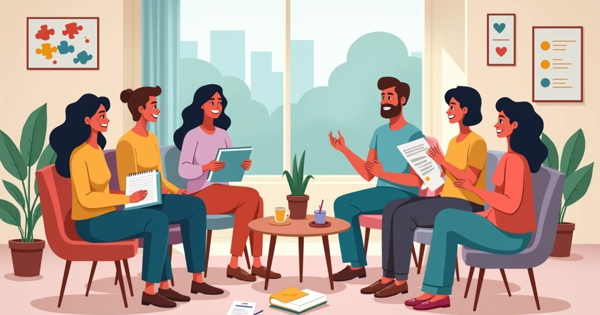 Grupo de famílias de autistas reunidas em roda numa sala colorida trocando apoio e ideias