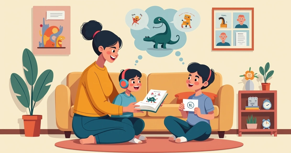 Família com criança autista rindo em roda de histórias em casa acolhedora