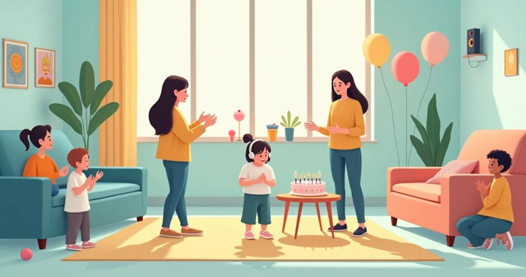 Criança em festa de aniversário tranquila com poucos convidados e luz suave