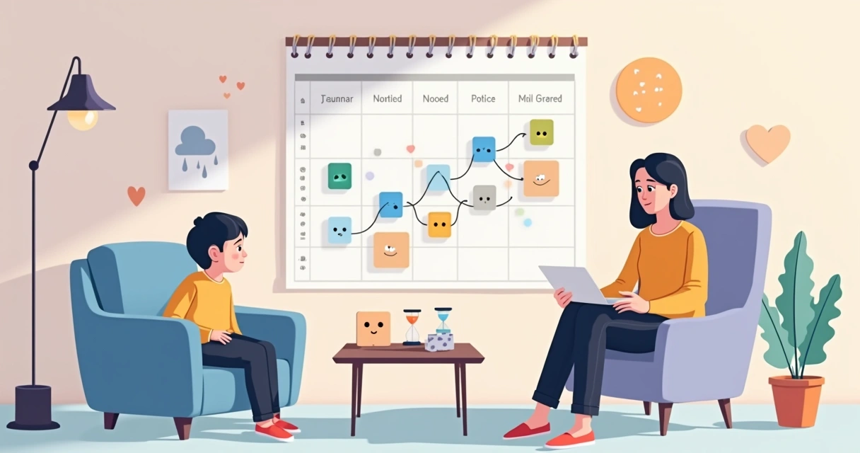 Adulto e criança diante de calendário colorido mostrando mudanças de humor no TEA