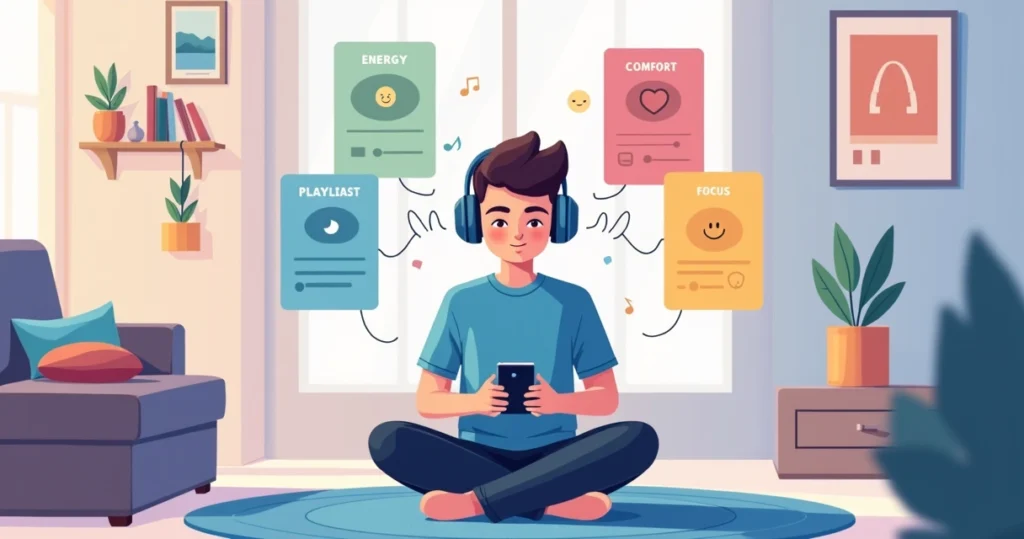 Pessoa autista ouvindo música com fones rodeada por ícones de emoções e playlists