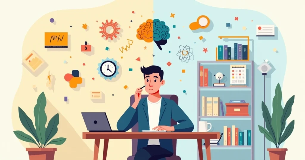 Adulto em escritório dividido entre foco e distração com ícones de cérebro, ciência e sintomas ao redor