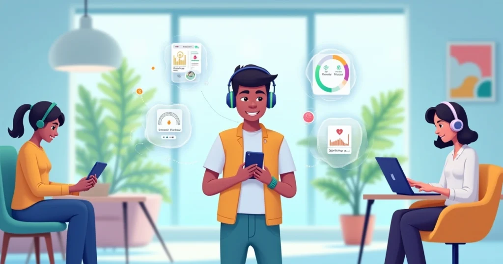 Pessoa autista adolescente usando wearables em ambiente calmo com ícones tecnológicos