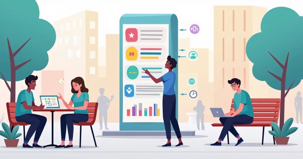 Adultos autistas em ambiente urbano recebendo apoio terapêutico visual