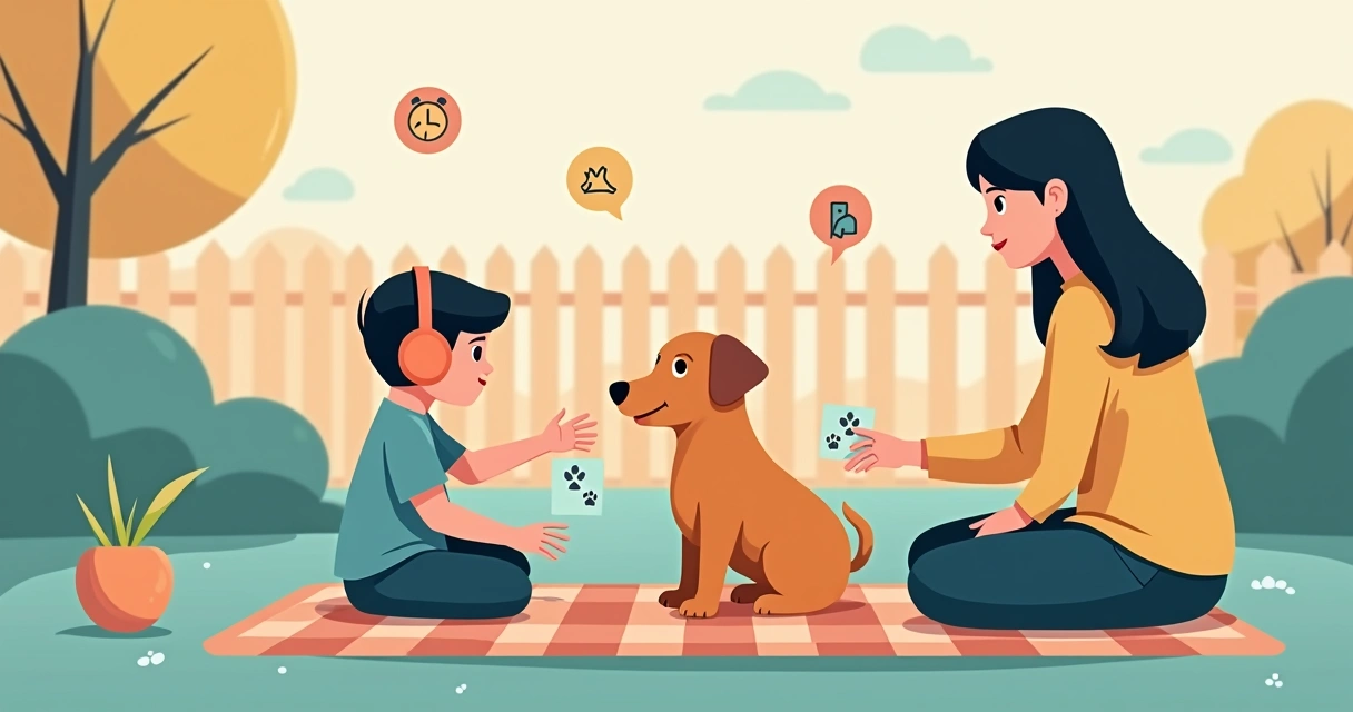 Criança autista tocando um cachorro sentado com um adulto orientando ao lado
