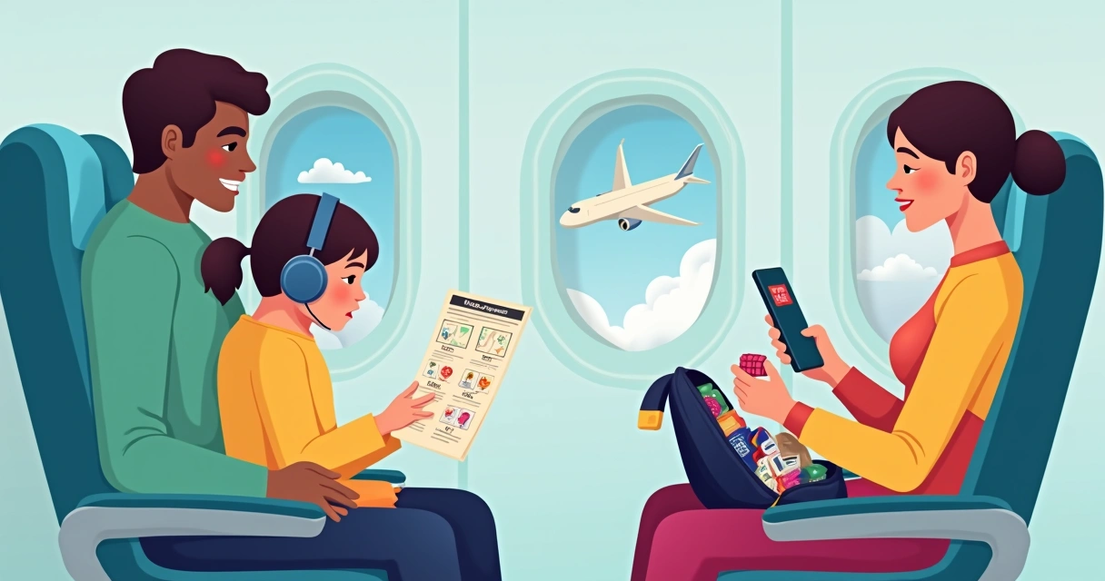 Família com criança autista em avião usando roteiro visual de viagem